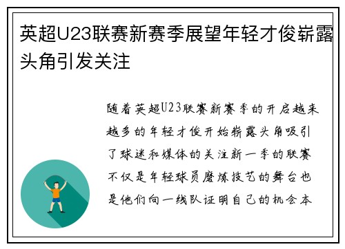 英超U23联赛新赛季展望年轻才俊崭露头角引发关注