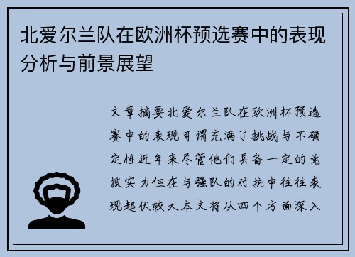 北爱尔兰队在欧洲杯预选赛中的表现分析与前景展望
