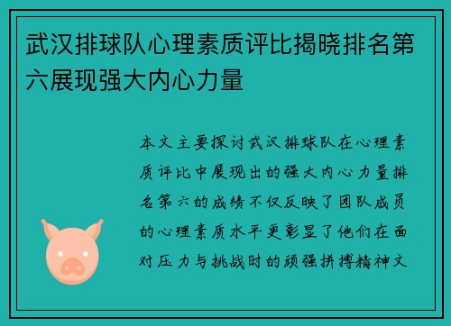 武汉排球队心理素质评比揭晓排名第六展现强大内心力量